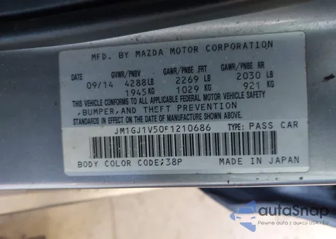 2015 Mazda Mazda6 I Touring z USA, uszkodzony, nr VIN JM1GJ1V50F1210686